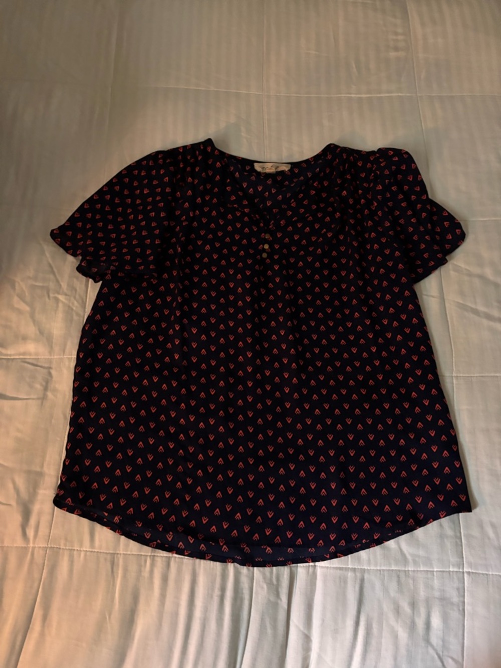 Navy Short-Sleeve Printed Blouse with Flutter Sleeves